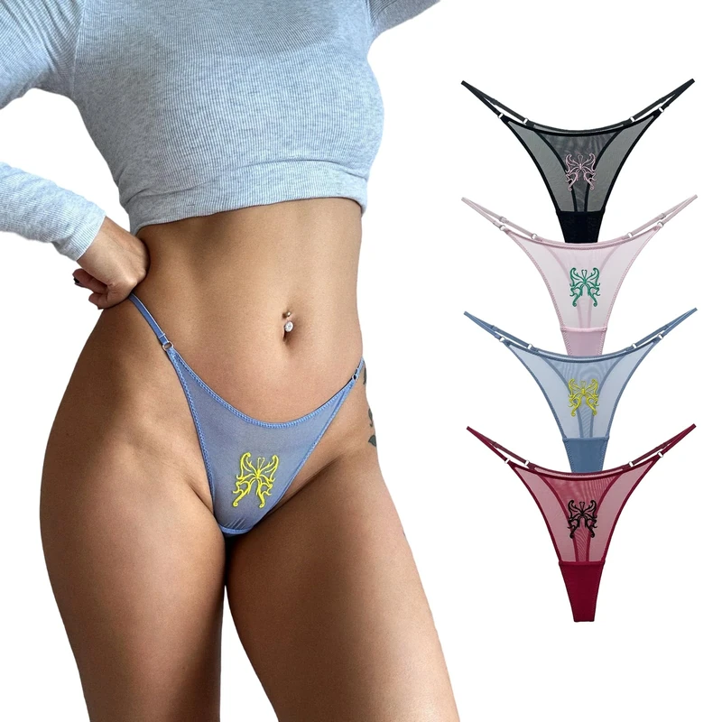 4UFIT Seamless G-string Thongs for Women Embroidery Pattern Mesh Underwear Low Rise Adjustable Belt Panties 3-4 Pack, 4 Pack, XL