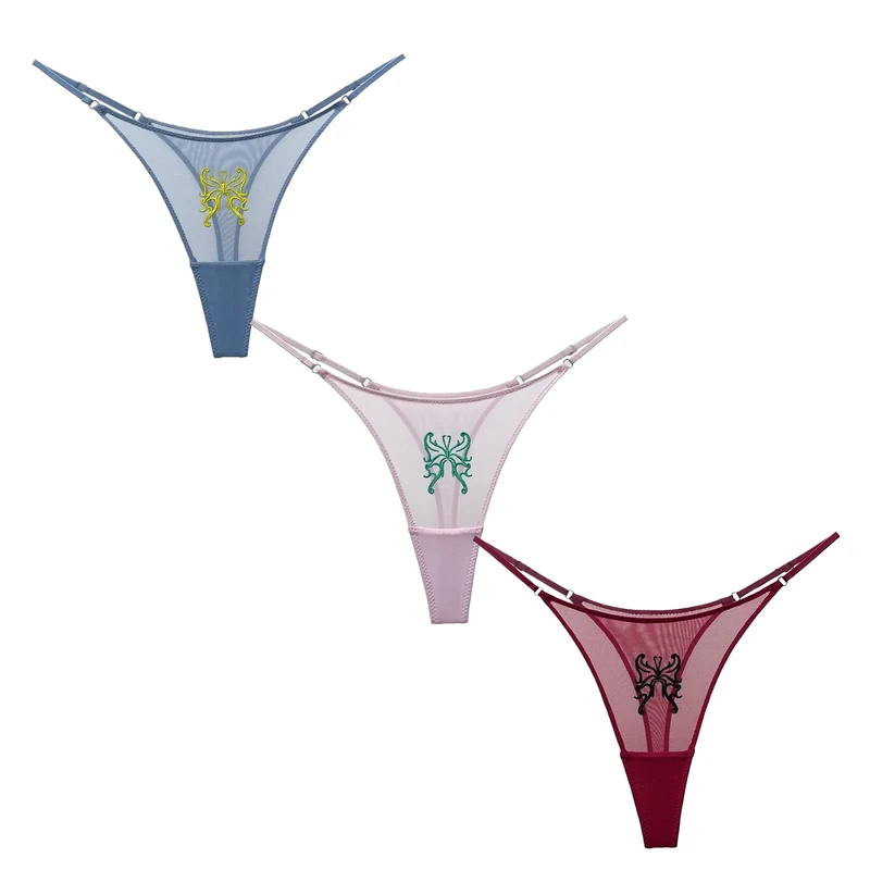 4UFIT Seamless G-string Thongs for Women Embroidery Pattern Mesh Underwear Low Rise Adjustable Belt Panties 3-4 Pack, Pink+blue+red, XL