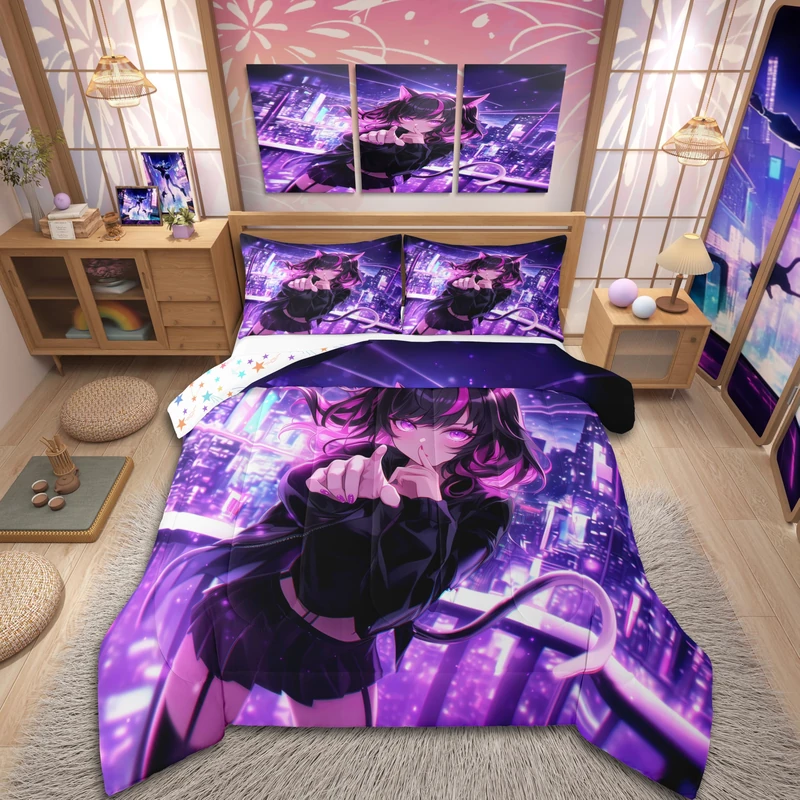 Erosebridal Kids Anime Girl Queen Size Bedding Set, Japanese Anime Comforter Set, Cartoon Manga Girl Duvet Insert for Boys Teens Bedroom Decor, Kawaii Japanese Animation Quilt with 2 Pillow Cases