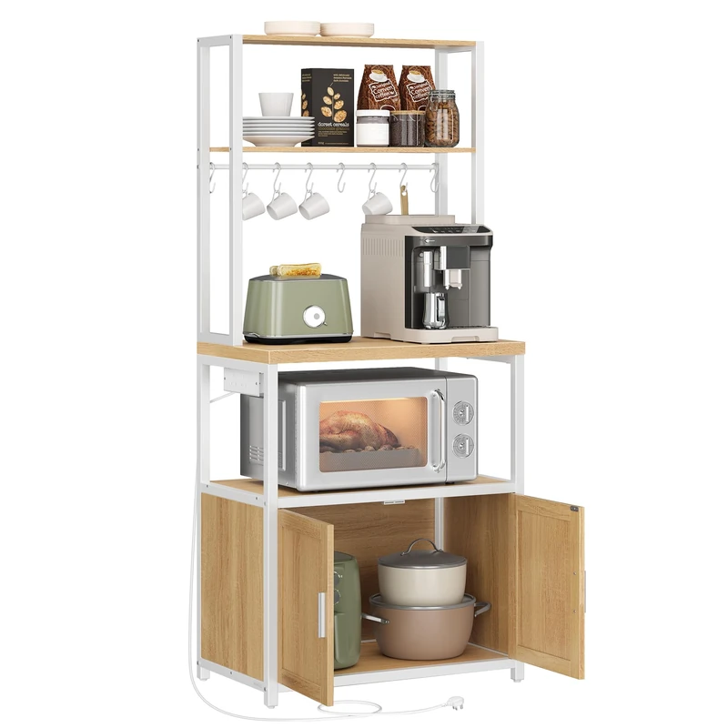 VASAGLE Kitchen Bakers Rack with Power Outlet, Coffee Bar Cabinet with 90 cm High Worktop, Microwave Stand with 8 Hooks, 40 x 60 x 170 cm, Golden Oak and Cloud White KKS058Y01