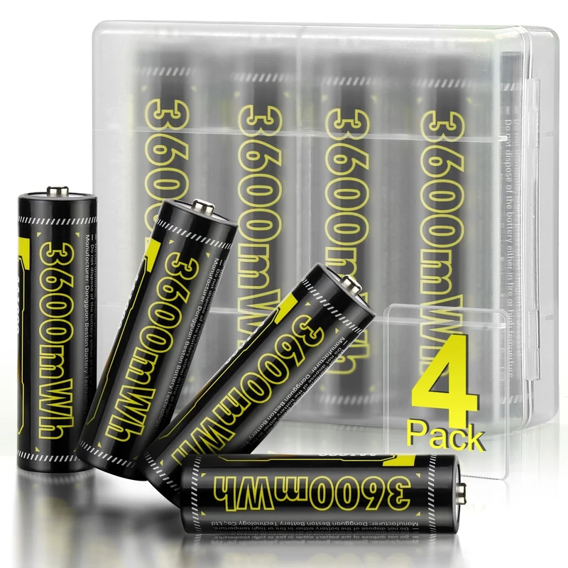 AA Rechargeable Lithium Batteries 1.5V 3600mWh High-Capacity 1000+ Cycles Ultra-Long Lasting Time Durable Cycle (Black 4-Pack Set)