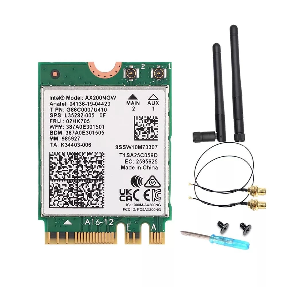 Intel WiFi 6 AX200 M.2 Adapter Card, Dual Band 802.11ax, Up to 2.4 Gbps, Bluetooth 5.2, Windows 10/11 Compatible