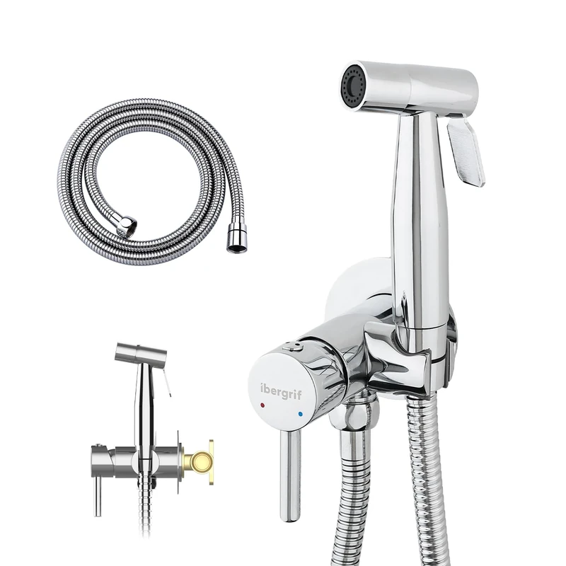 Ibergrif M22004 Handheld Bidet Mixer Tap – Hot & Cold Water Control, Concealed Design, Stainless Steel Hose 1.2m, Wall Bracket, Chrome Finish