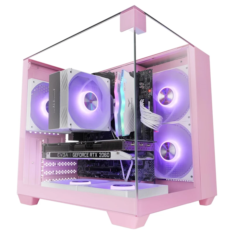 MARS GAMING MC-VISIONM, Compact MicroATX Gaming Case, Triple Tempered Glass, Dual-Chamber Structure, Liquid Cooling Support up to 240mm, Mini-Tower PC with Large Internal Capacity, Pink