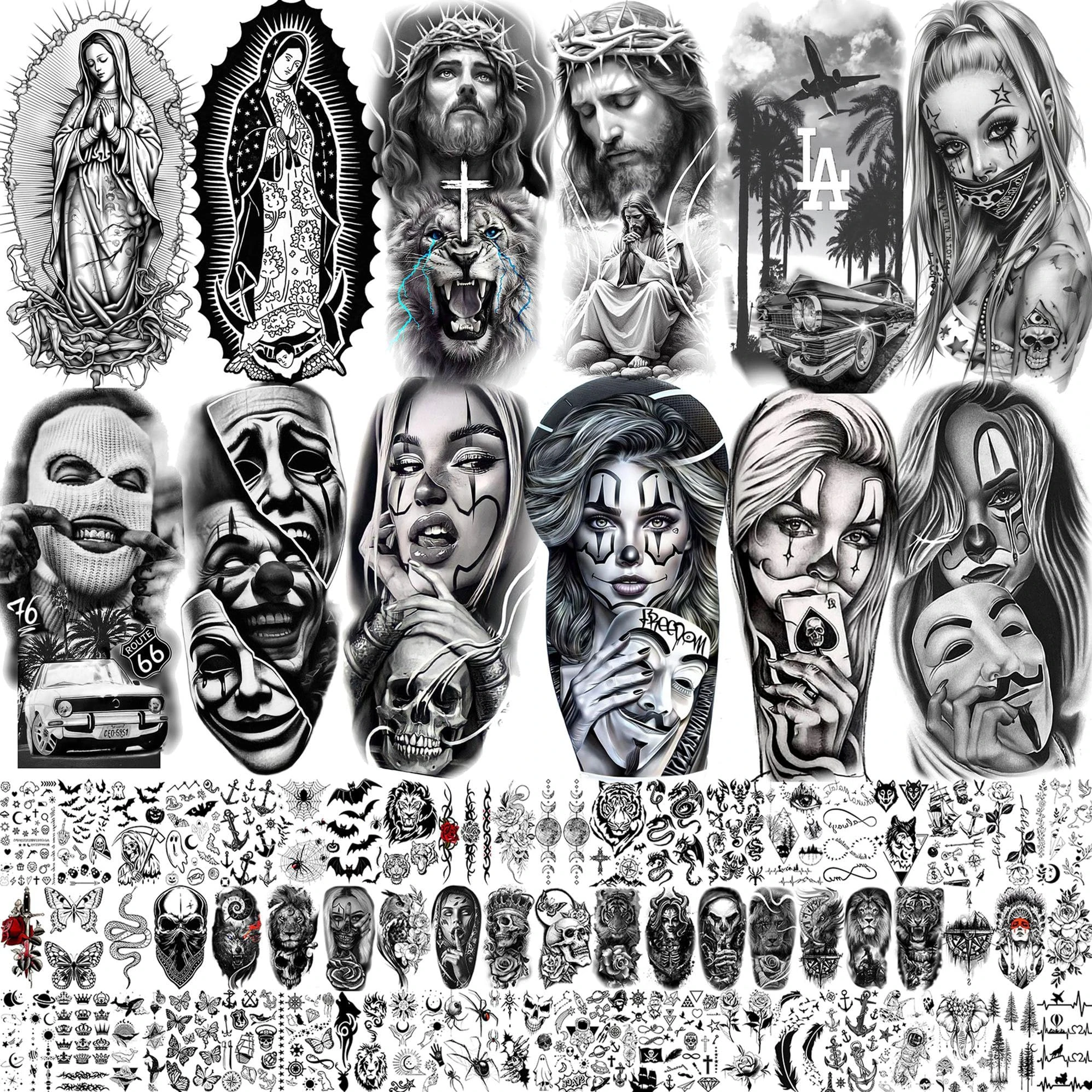 73 Sheets Halloween Chicano Temporary Tattoos For Women Men Adults Cholo Chola, Long Lasting Guadalupe Tattoo Stickers Religion, Chicana Gangster Prisoner Mexico Culture Joker Fake Tattoo Jesus Christ