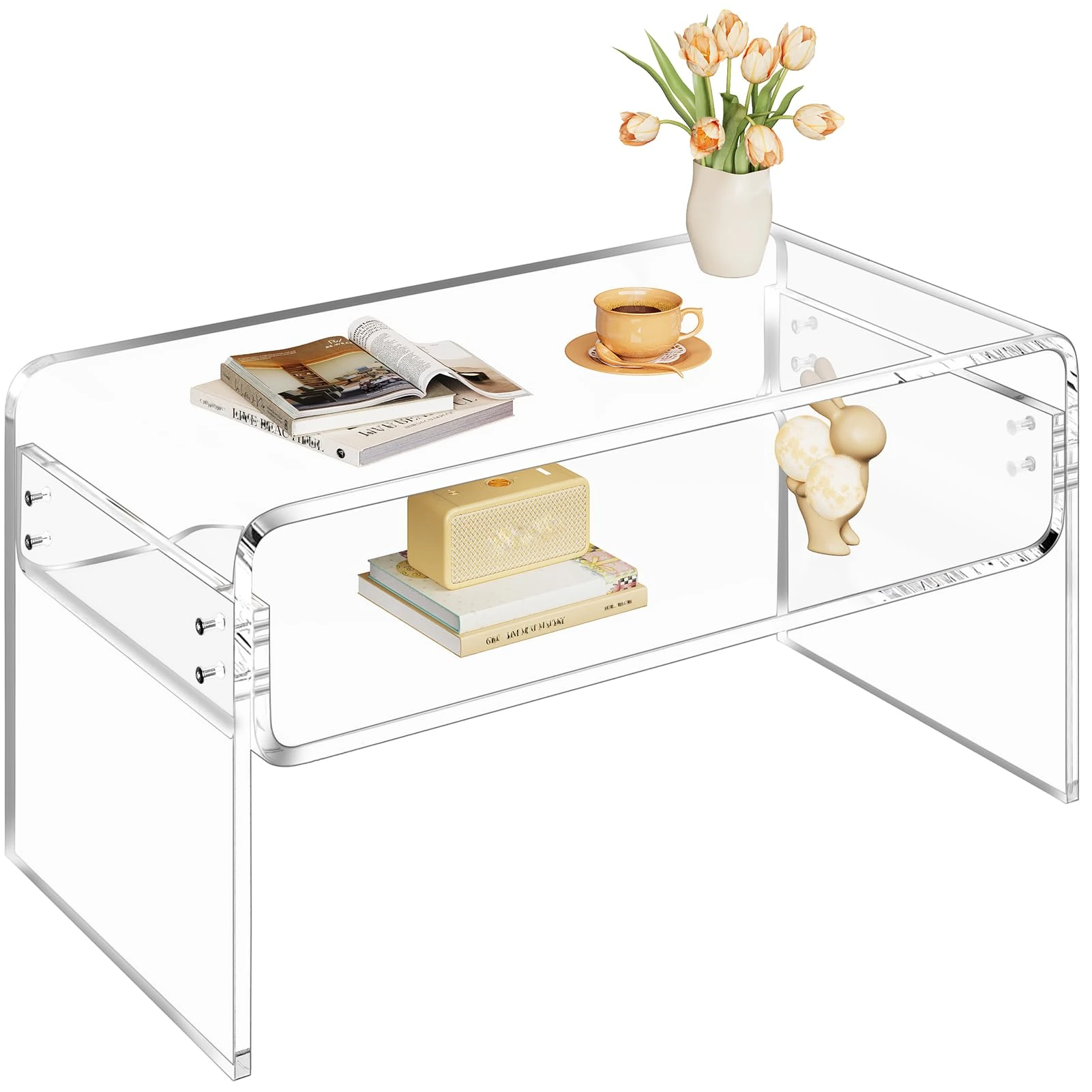DOHWSK 2-Tier Acrylic Coffee Table, Side End Table with Storage Shelf, Modern Center Table for Living Room, Office, Bedroom, Home Small Space, Easy Assembly (Clear)