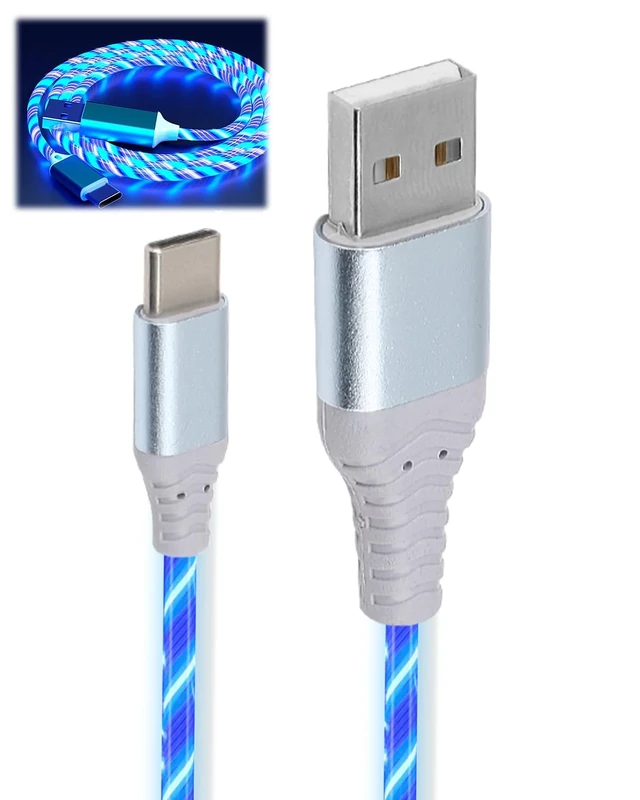 USB C Charger Cable Support Data Transmission 2M 60W Type C Cable Fast Charging Light Up Lead Braided USB A to USB C for Samsung Galaxy S24 S23 Note 10 Huawei P9 Pixel 7 iPad Switch PS5 Etc,Blue