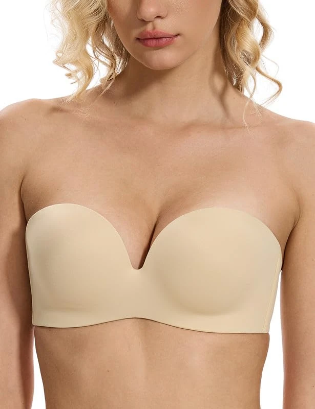 WingsLove Women's Strapless Push Up Bra Seamless with Hidden Underwire Multiway Plunge Padded Half Cup Smooth T-Shirt Support Bras (Nude,40DD)