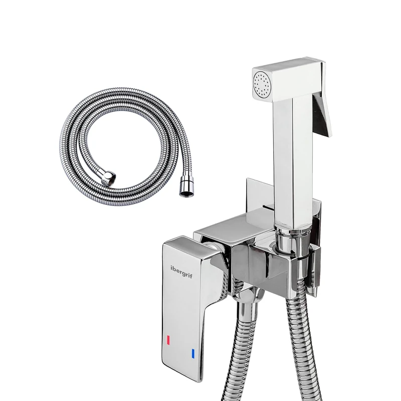 Ibergrif M22009 Concealed Single-Lever Faucet for WC & Bidet – Hot/Cold Water, Hand Shower with Wall Bracket & 1.2 m Stainless Steel Hose, Chrome