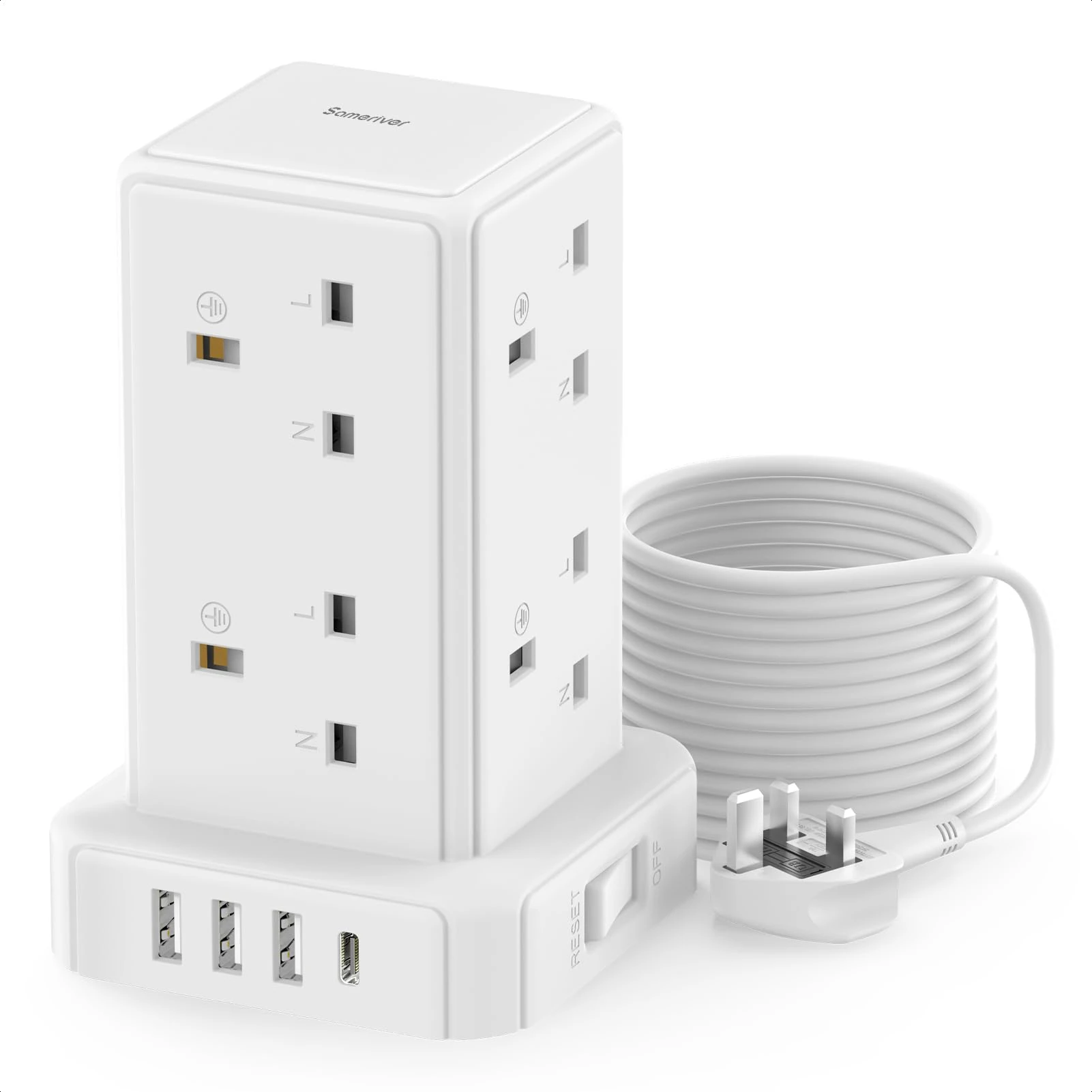 Tower Extension lead 5M, 13A Surge Protection Extension lead with Switch, 8 AC Outlets & 4 USB Ports Plug Extension Socket, Extension Cable 5M Mini Power Strip for Office, Home, Kitchen