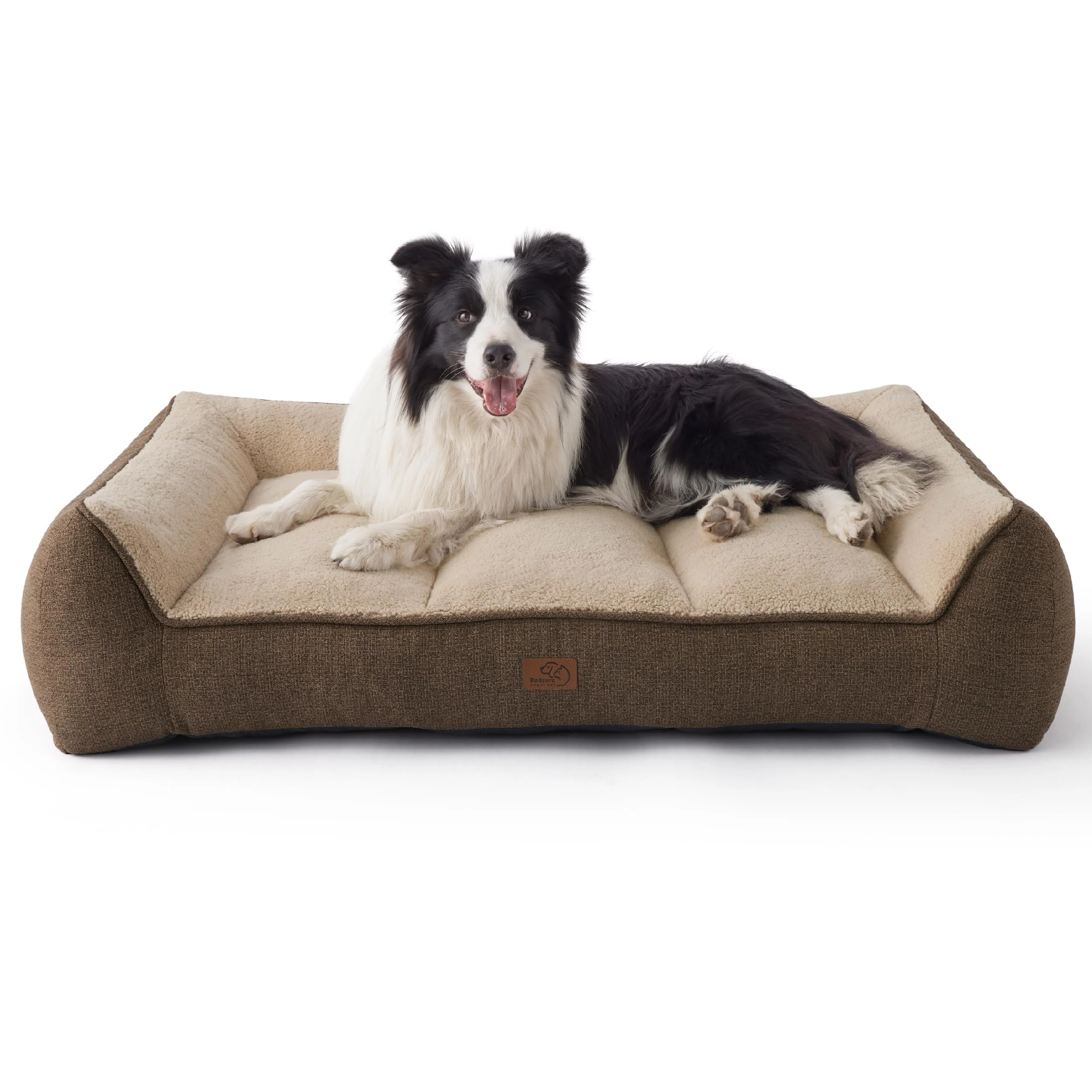 Bedsure Orthopedic Dog Beds Large - 96x71cm Extra Thick Supportive Large Dogs Sofa with Waterproof Washable Cover, L Plus Pet Bed Sofa with Soft Plush Sherpa and Nonskid Bottom, Brown