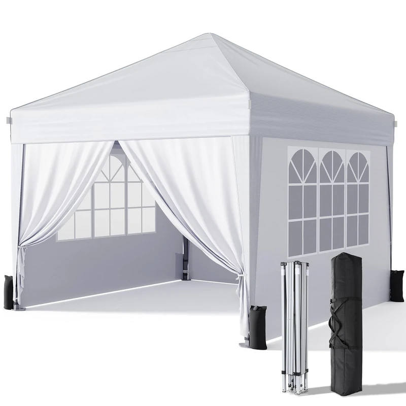 Driftalia 10x10 Pop Up Canopy with Sidewalls, Outdoor Instant Canopy Tent with Carry Bag for Commercial Events, Camping, Backyard Parties - White
