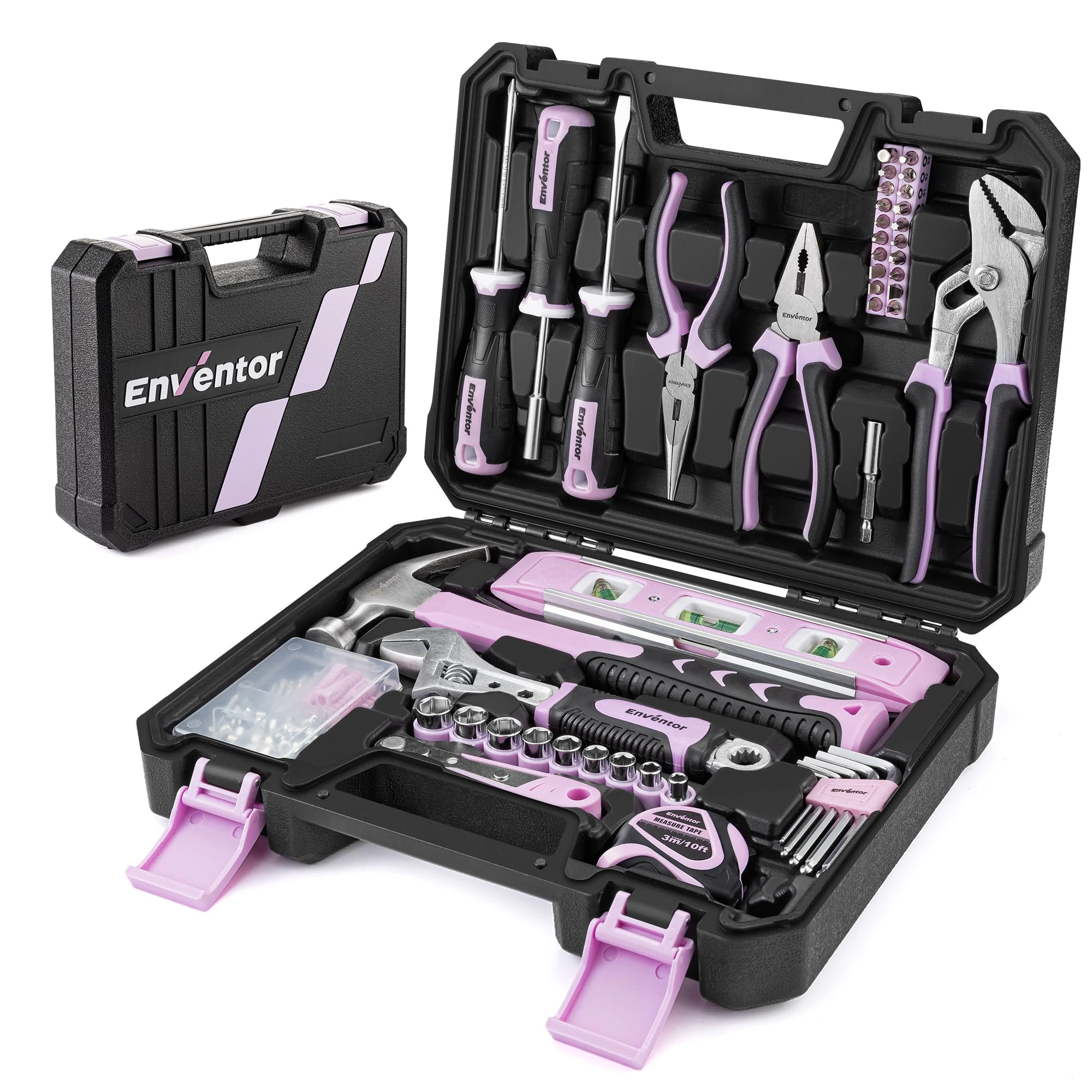 Enventor Pink Tool Kit Set for Women, 108PCS General Household Hand Tool Kit with Storage Toolbox, Ladies Small Tool Kits for Home