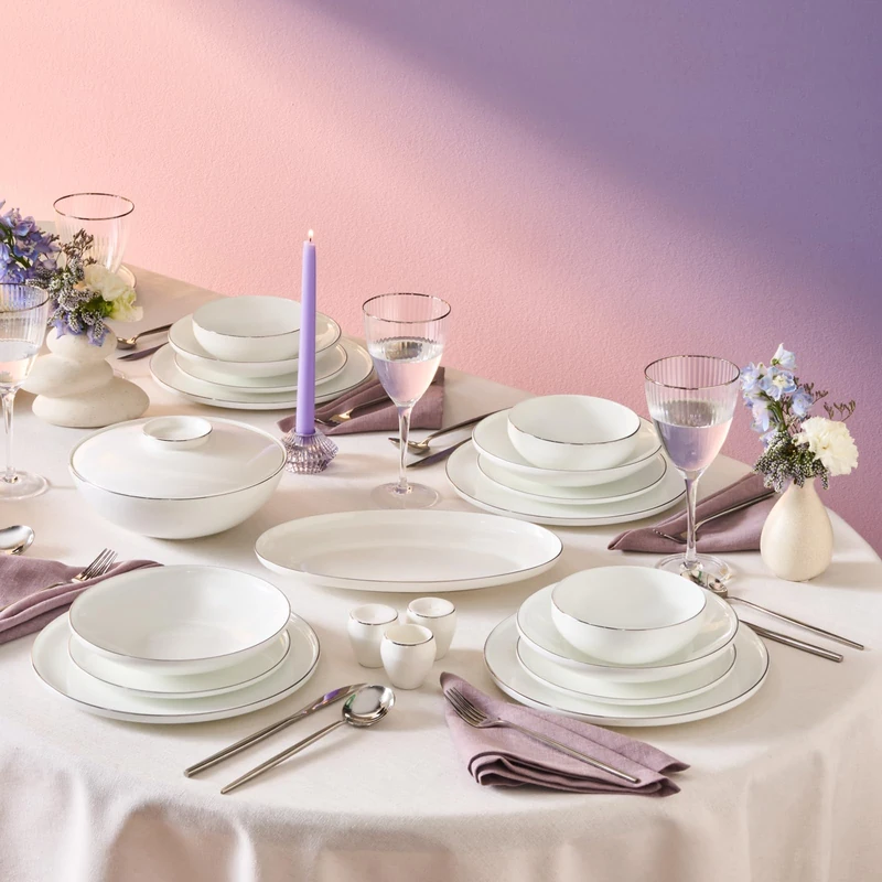Karaca New Meridian 55-Piece Crockery Set for 12 People, Elegant Plate Set, Durable Bone China Tableware, White with Platinum Dinner Service - Image 1