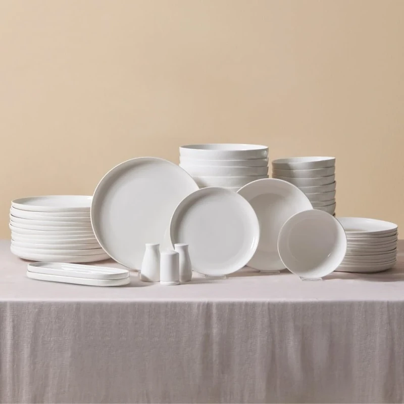 Karaca Stream Bone China Favaro 53-Piece Dinner Set for 12 People, Dinner Plate, Pasta Bowls, Side Plate, Soup Bowl, Serving Platter, Dishwasher Safe, White