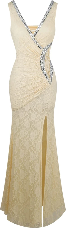 Angel-fashions Women's V Neck Lace Split Sheath Dress - Champagne 8