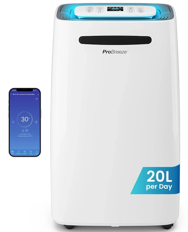 Pro Breeze® 20L/Day Smart Dehumidifier with Digital Humidity Display, Sleep Mode, Continuous Drainage, Laundry Drying and 24 Hour Timer - Ideal for Damp and Condensation
