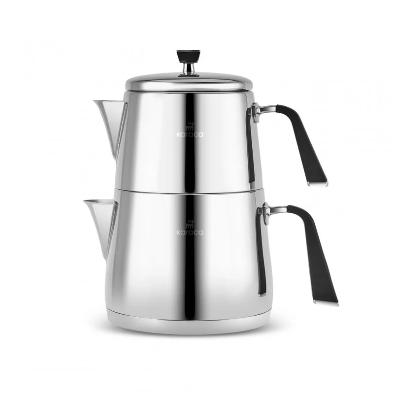 Karaca Fiona Stainless Steel Turkish Teapot Set, 1L Turkish Tea Pot & 2L Water Tank, Induction Hob Compatible, Silver (Caydanlik)