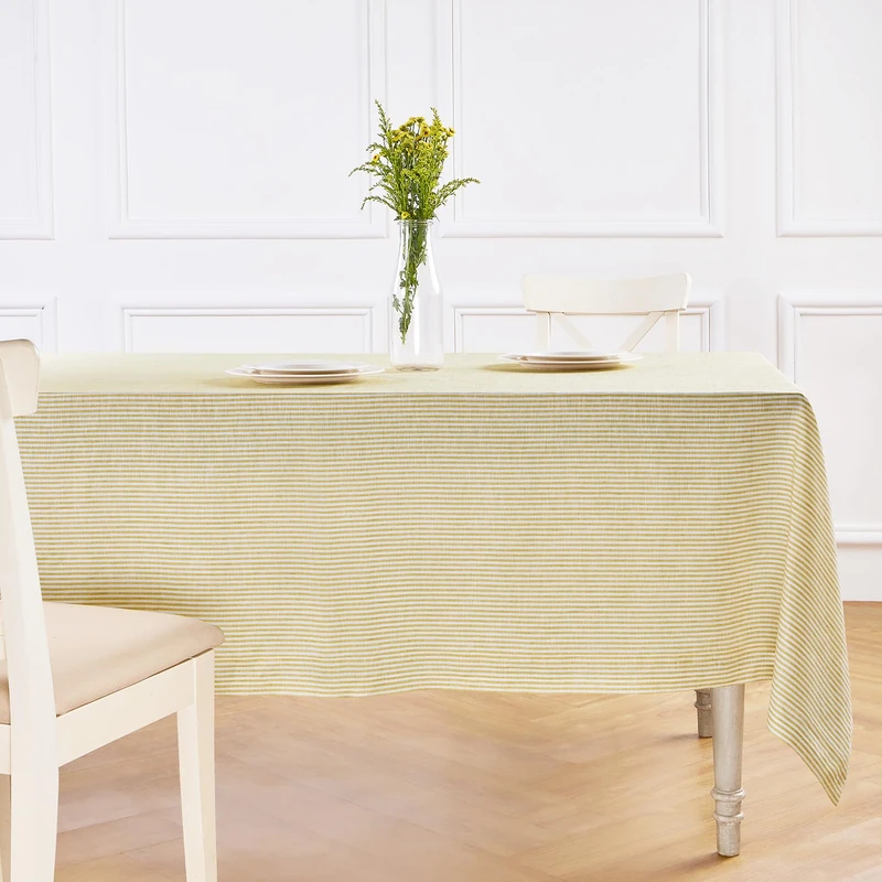 Solino Home 100% Pure Linen Tablecloth, 60 x 144 in, Mustard, Narrow Stripe