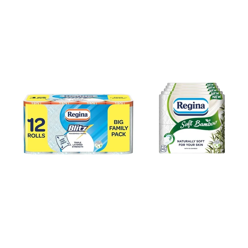 Regina Soft Bamboo - 45 Rolls of Toilet Tissue 3 Ply, 160 Sheets, Made with Bamboo Fibers, FSC Certificated + Regina Blitz Household Towels – 12 Triple Layered Rolls, 70 Sheets Per Roll, FSC Certified