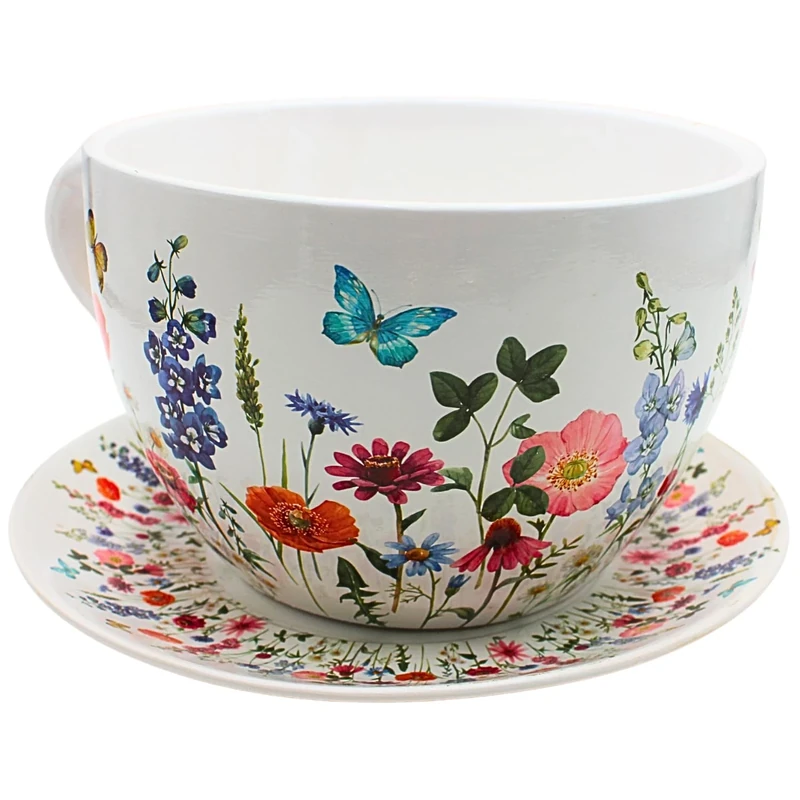 Dekohelden24 XXL Flower Pot, Plant Cup, Large Planter, Planter, Flower Pot, Plant Pot, Cup with Ceramic Handle, Flower Meadow, L x W x H 34 x 28 x 16 cm