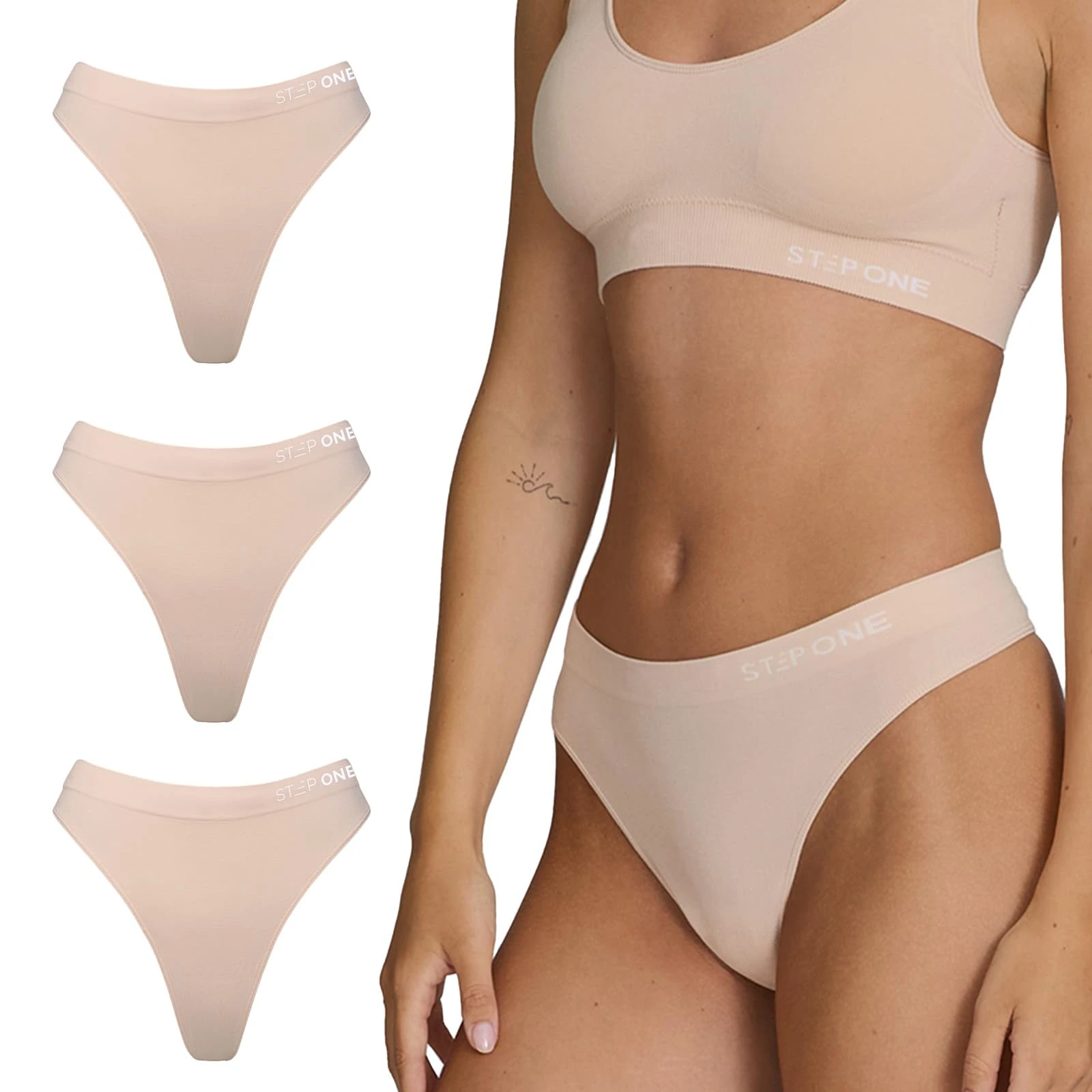 STEP ONE SmoothFit Seamless Thong for Women, 3 Pack, Ultra-Soft, Breathable Bamboo Moisture Wicking Underwear Women, No VPL, Hypoallergenic, Everyday Comfort Thong Nude Sand X-Large