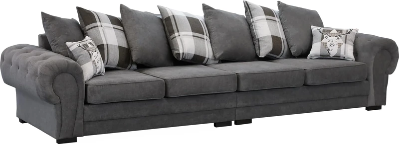 Verona 4 Seater Sofa Grey Velour Fabric Chesterfield Style Scatter Cushions