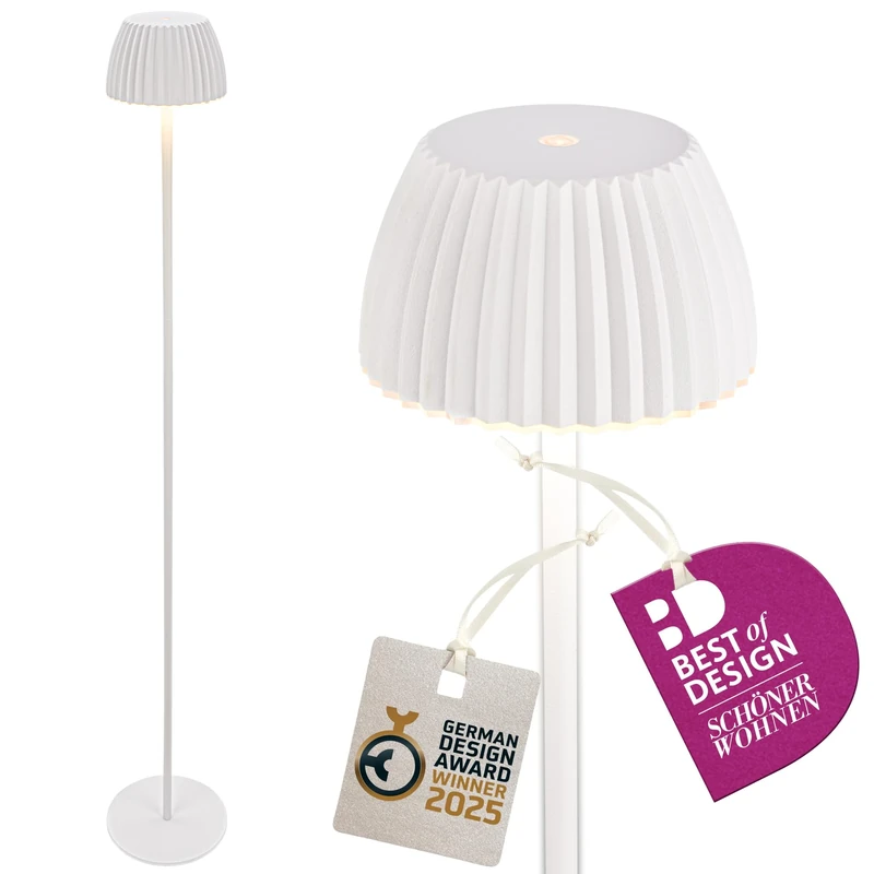 BRILONER - Riffle LED Rechargeable Floor lamp IP44 with Touch, 19x124 cm, dimmable, Memory Function, Replaceable Battery, Battery Floor lamp, Stand lamp, German Design Award Winner 2025, White
