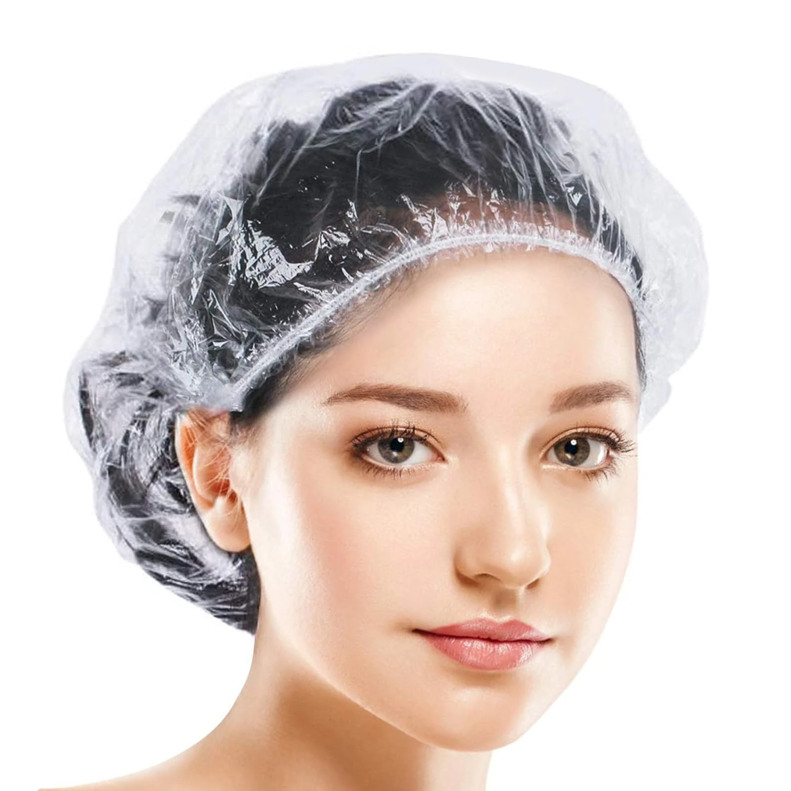 Kryzulax 50Pcs Shower Caps Disposable,Plastic Elastic Bath Cap,Waterproof Shower Cap,Waterproof Hair Caps for Home Use, Hotel, Spa, and Hair Salon(42CM)