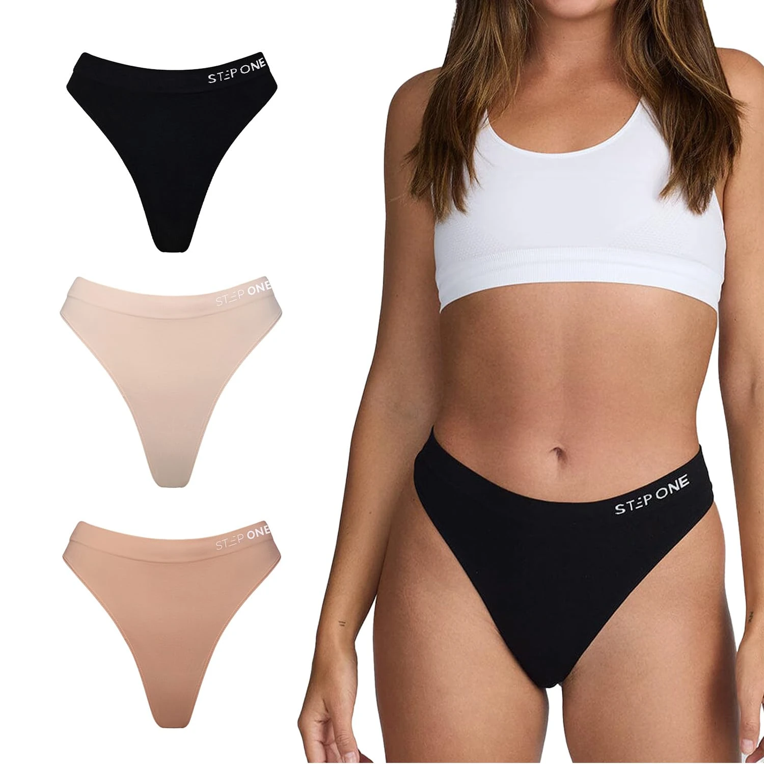 STEP ONE SmoothFit Seamless Thong for Women, 3 Pack, Ultra-Soft, Breathable Bamboo Moisture Wicking Underwear Women, No VPL, Hypoallergenic, Everyday Comfort Thong Mixed Pack Large