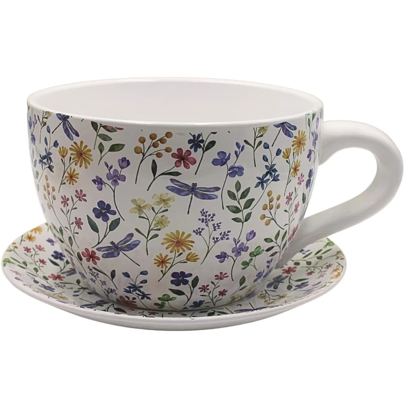 Dekohelden24 XXL Cup, Planter, Plant Mug Pot with Ceramic Handle, Colourful, L 34 x W 28 x H 16 cm, Sea of Flowers, 34 cm