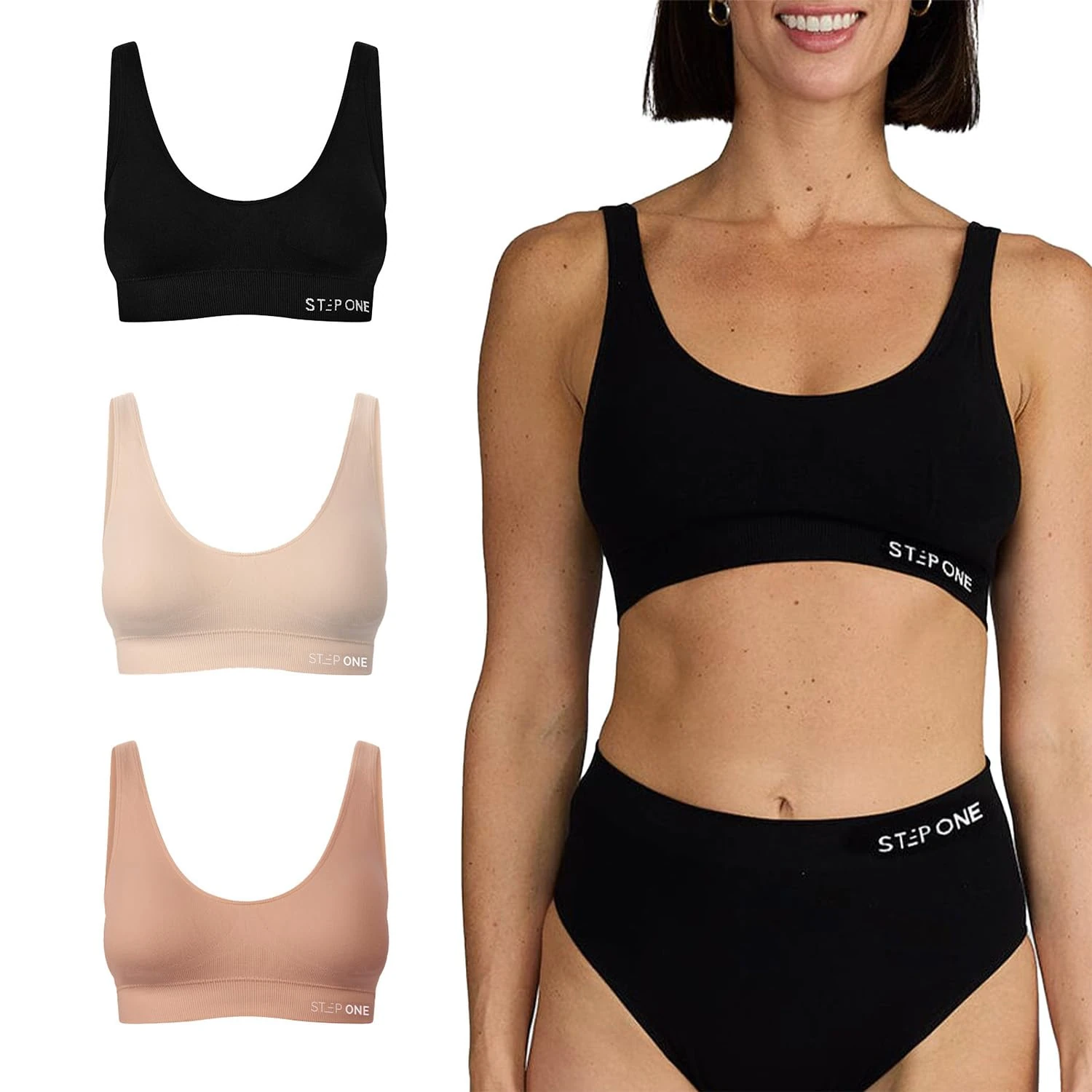 STEP ONE Smoothfit Bra. 3 Pack. Ultra-Soft Women's Everyday Bra, Lifts & Supports and Feels Invisible on, Breathable Bamboo Moisture Wicking with Removable Cups Mixed Pack Medium