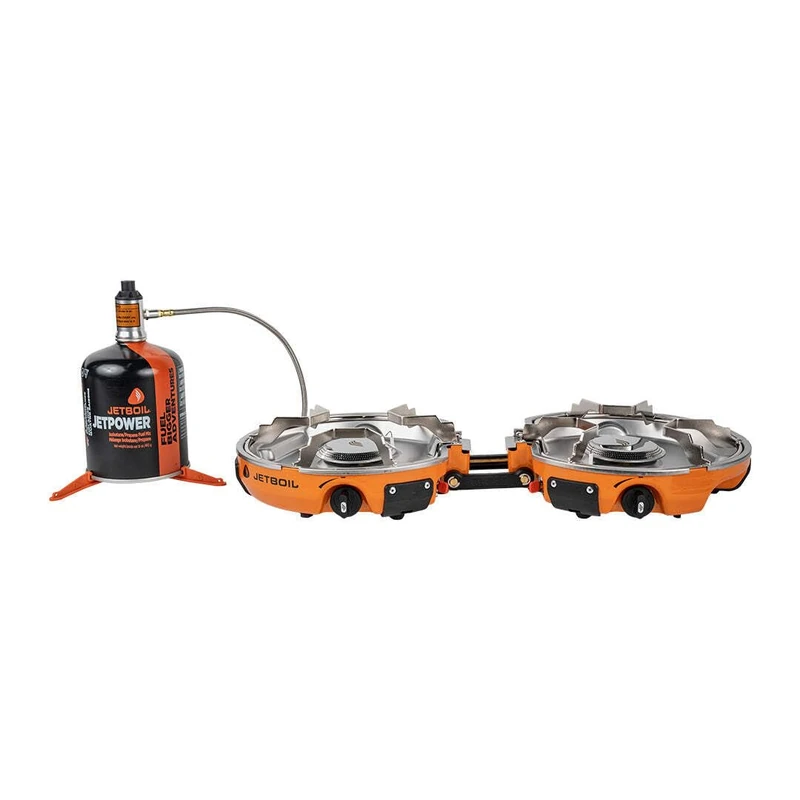 Jetboil Genesis Base Camp Compact 2 Burner Cooking System Isobutane Powered Solo Meals Large Group Cooking 10" Fry Pan 5ltr Flux Ring Cookpot Carry bag Windscreen Fuel Regulator Fuel Can Stabilizer