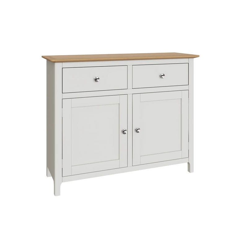 FWStyle White Linen Oak 2 Door 2 Drawer Sideboard with Oak Veneer Top, Ready Assembled Storage Cabinet for Living Room, Dining Room or Hallway Furniture, H76 x W96 x D33cm
