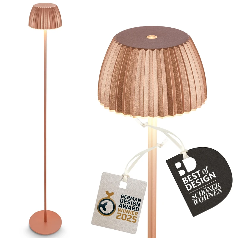 BRILONER - LED Rechargeable Floor Lamp, IP44 Waterproof, Touch Control, max. 19x124 cm, Dimmable, Memory Function, Replaceable Modules, 2in1 Table and Floor Light, German Design Award, Copper