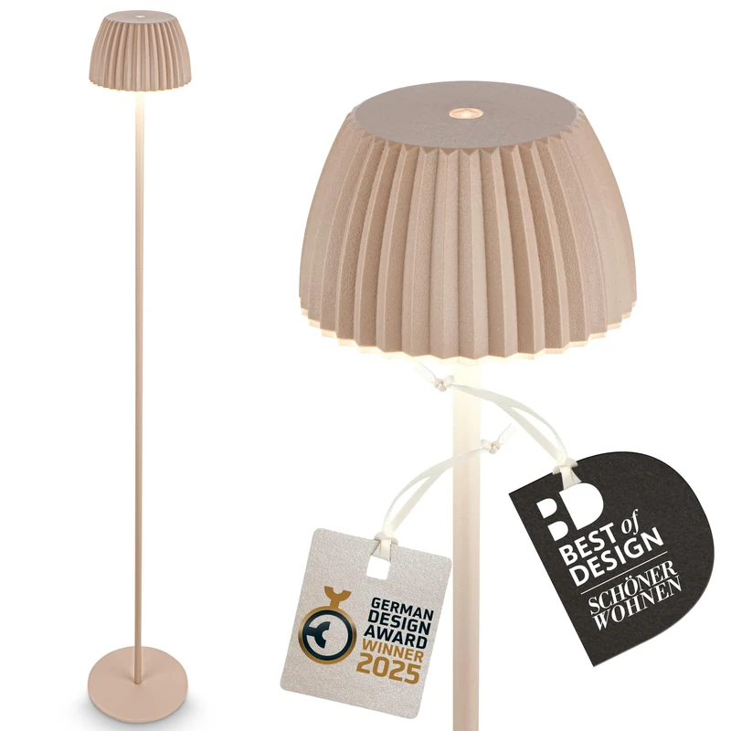BRILONER - Riffle LED Rechargeable Floor lamp IP44 with Touch, 19x124 cm, dimmable, Memory Function, Replaceable Battery, Battery Floor lamp, Stand lamp, German Design Award Winner 2025, Beige