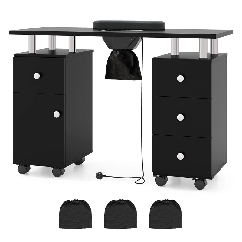 RELAX4LIFE Rolling Manicure Table, Mobile Nail Tech Desk Station with Electric Dust Collector, Wrist Rest, 8 Lockable Wheels, 4 Drawers & 1 Cabinet, Professional Wooden Nail Art Workstation (Black)