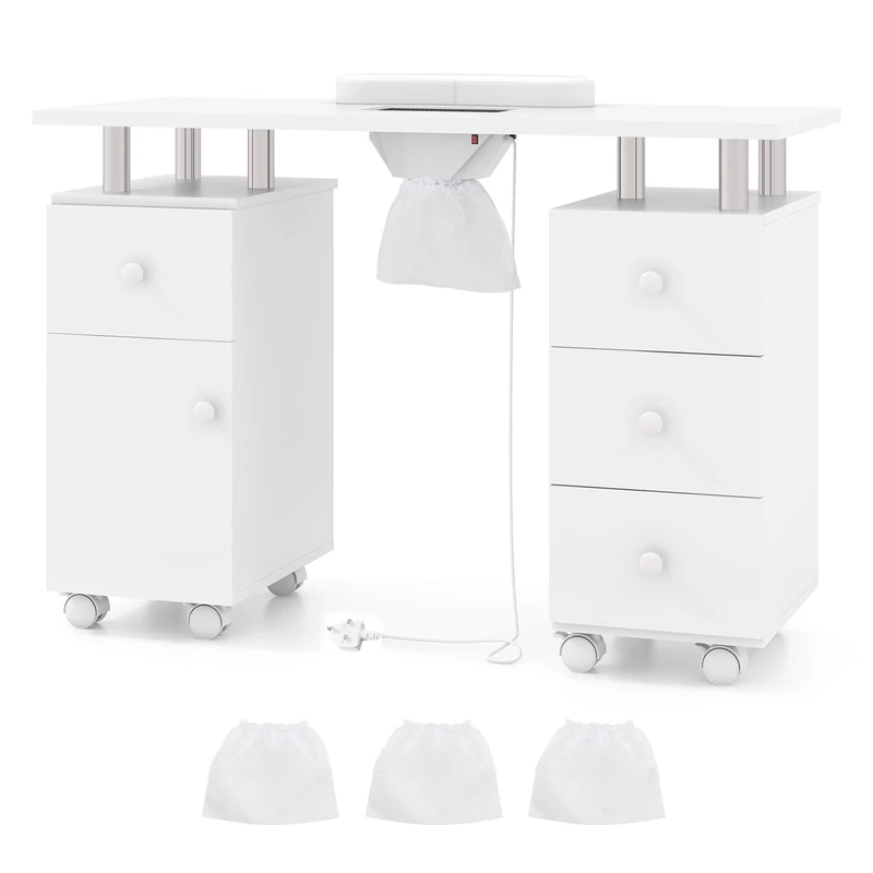 RELAX4LIFE Rolling Manicure Table, Mobile Nail Tech Desk Station with Electric Dust Collector, Wrist Rest, 8 Lockable Wheels, 4 Drawers & 1 Cabinet, Professional Wooden Nail Art Workstation (White)