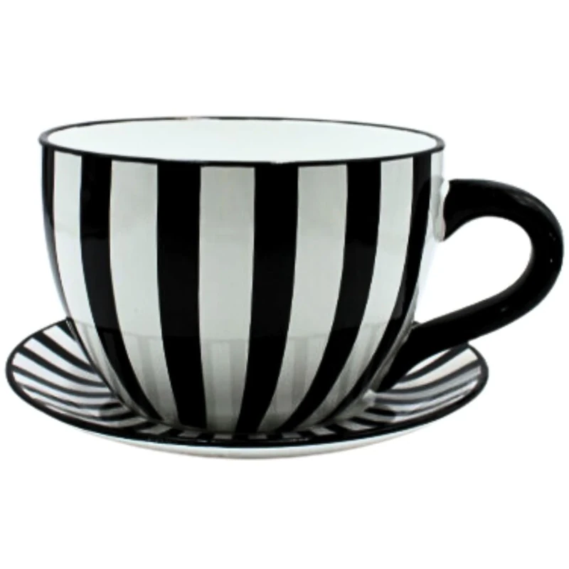 Dekohelden24 XXL Flower Pot, Plant Cup, Planter, Planter, Cup with Ceramic Handle, Black and White Stripes, 34 x 28 x 16 cm