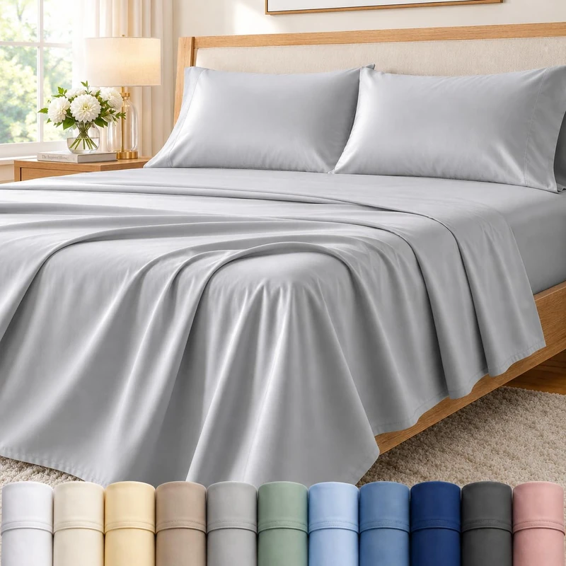 100% Egyptin Cotton Sheets Queen Size Bed Set, 400 Thread Count 15" Deep Pocket Queen Sheets, Sateen Weave 4 Piece Naturally Cool Soft Breathable Elasticated Luxury Bedding For All Seasons- Silver