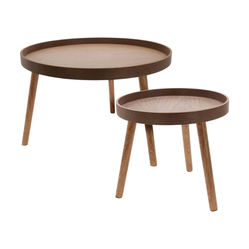 Well Home Set of 2 Round Side Tables with Three Legs in Dark Walnut Ø60cm and Ø38cm