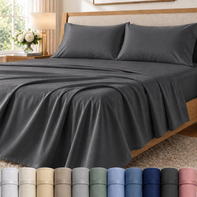 400 Thread Count Egyptian Cotton Sheets Queen Sheet Set, 15 Inch Deep Pocket, Egyptian Cotton Bed Sheets Queen Size Set, Soft & Comfy, Naturally Cool & Breathable Sheet & Pillowcase Sets, Charcoal