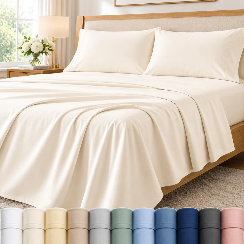 CHATEAU HOME COLLECTION Queen Egyptian Cotton Sheet Set, 400 Thread Count Sateen Sheets, Soft & Breathable, 15 Inch Deep Pocket Fit, 4 Piece Bedding Set, Ivory