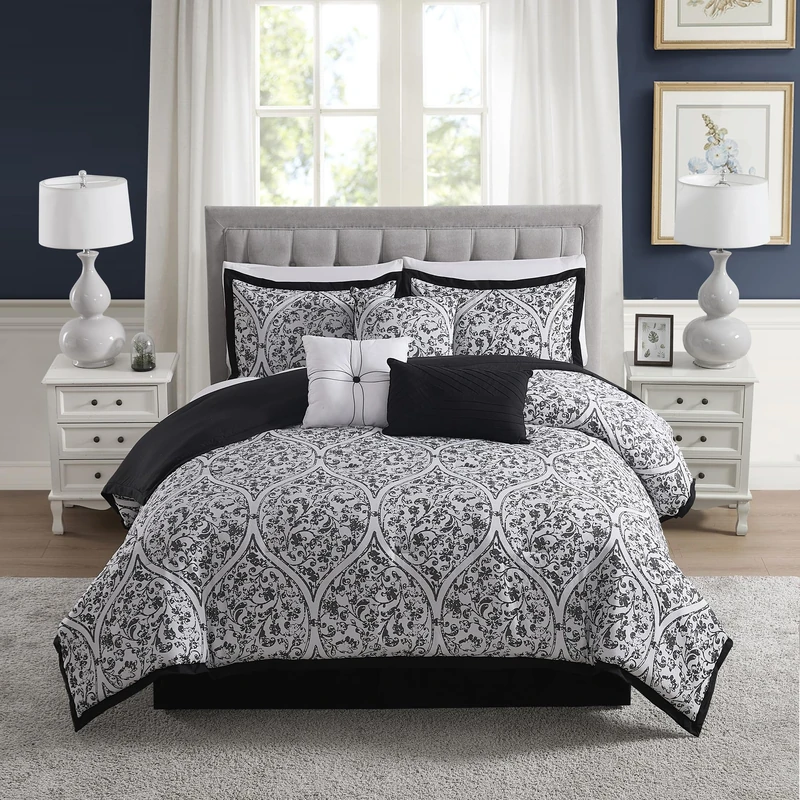 Queen Comforter Set - Complete 7-Piece Bedding Collection - 1 Comforter, 2 Pillow Shams, 1 Bed Skirt & 3 Decorative Accent Pillows - Premium Quality, Queen, Black/White Damask - Image 1