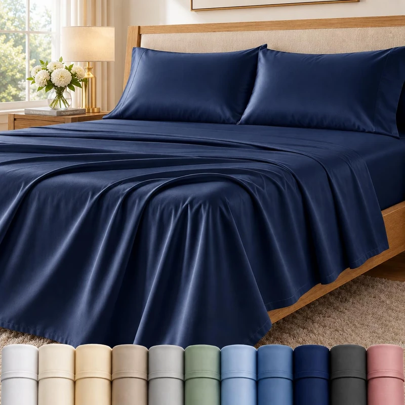 100% Cotton Sheets King Size Sheets Set With Fitted Sheet & Pillowcase Sets, 400 Thread Count Sateen Weave 4 Piece Deep Pocket King Sheet Set, Soft & Comfy Naturally Cool Luxury Bedding- Navy