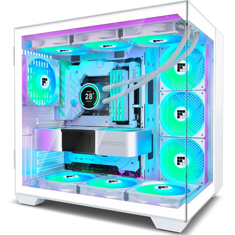 FOIFKIN F601 PC Case - Pre-Installed 7 PWM ARGB Fan, ATX Mid-Tower Gaming PC Case, 270° Panoramic Glass with Type-C (White, F601)