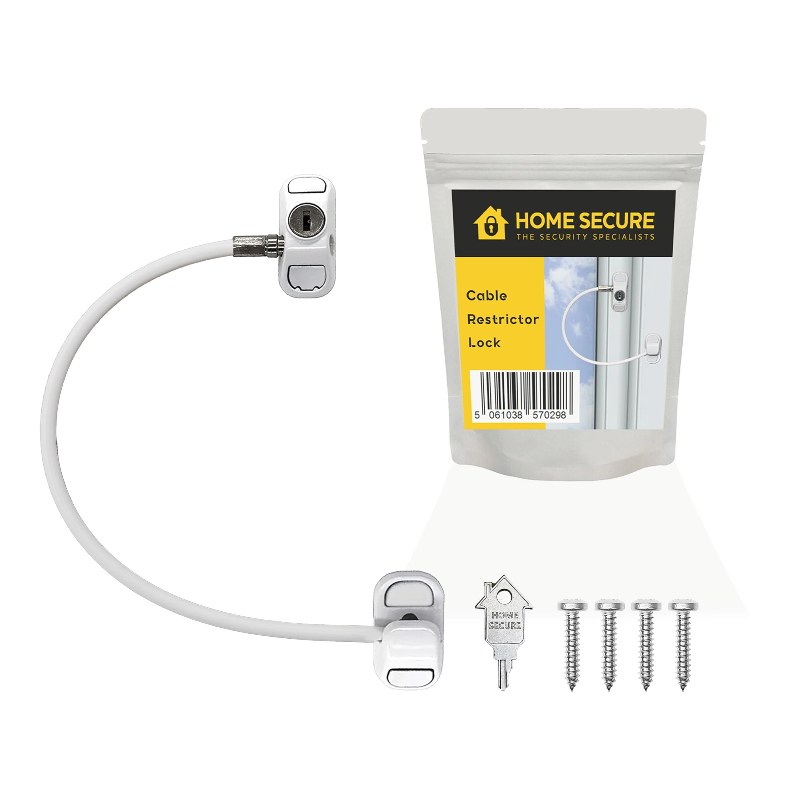 Home Secure™ Window Restrictor Child Lock for UPVC – Premium Key Locking Cable Window Security Device. Child Safety & Pet Prevention Lock. Screw Fixed for Added Security - White