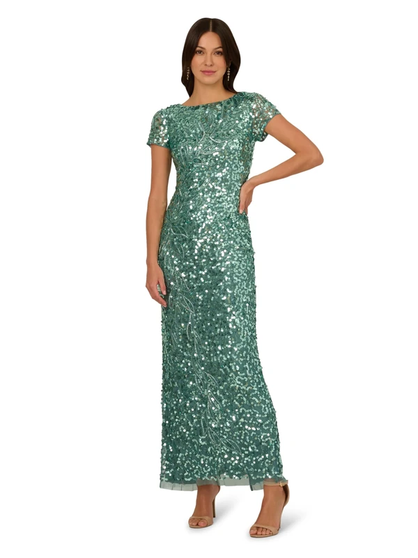 Adrianna Papell Women's Beaded Mesh Long Special Occasion Dress, Green Slate, 14