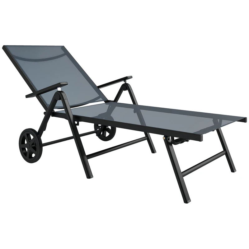 Outsunny Folding Sun Lounger with Wheels, 5-Position Adjustable Garden Chaise Lounge Sunbed with Armrests, Metal Frame Outdoor Portable Reclining Chair for Beach, Porch, Grey