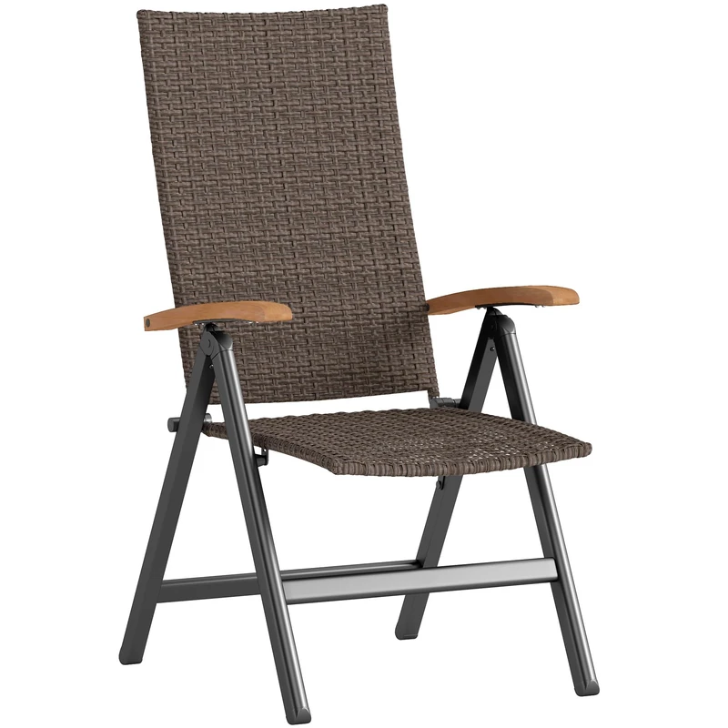 Outsunny Folding Garden Chair, 5-level Reclining PE Rattan Garden Dining Chair with Wood Armrests, High Back and Steel Frame for Outdoor, Patio, Terrace, Porch, Brown